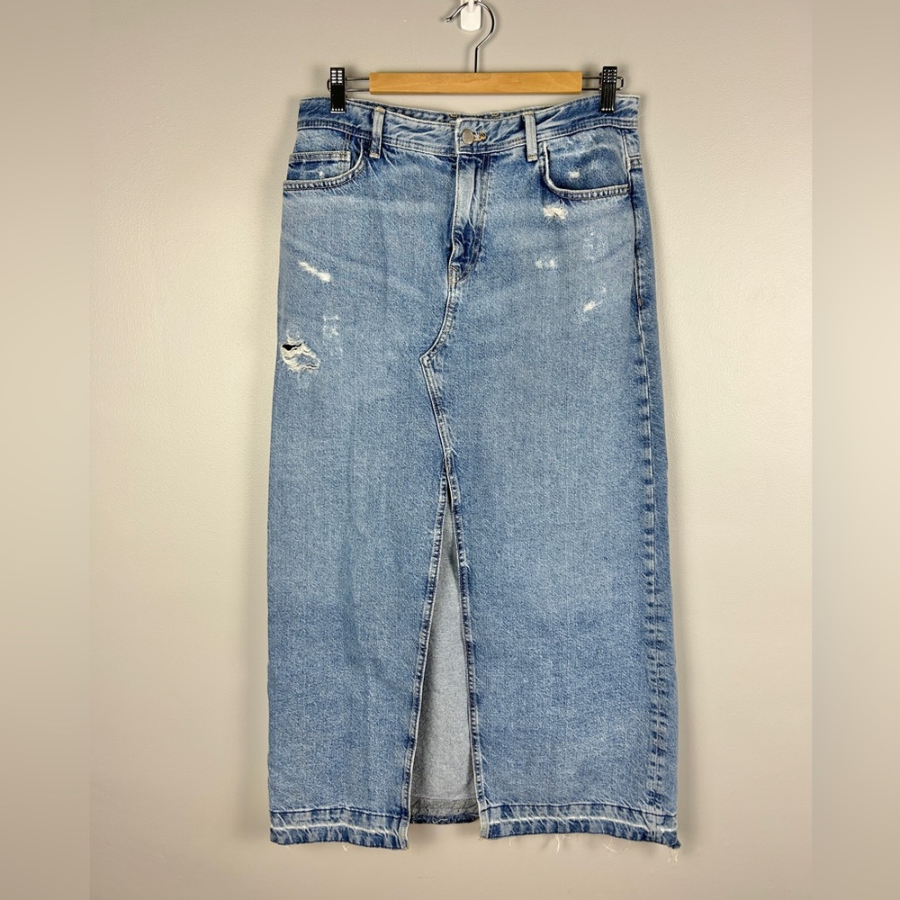 Zara Light Blue Distressed Denim Maxi Skirt